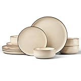 HaWare Dinner Set, 12 Piece Stoneware Dinnerware Service for 4, Reactive Glaze Dining Ware Include Plates and Bowls, Chip and Scratch Resistant, Microwave & Dishwasher Safe, Cream Khaki