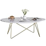 FirFurd Coffee Table Marble Effect Side Table Sofa Table Oval Coffee Table for Living Room Office with Gold Legs 120x60x41cm