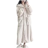 Flodxo Hooded Dressing Gown Women Fluffy Fleece Ladies Robes Comfy Soft Warm Cosy Long Housecoat Winter Plush Full Length Bathrobe Loungewear Oversized Nightgown Terry Towelling Robe White L