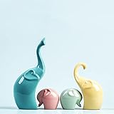 Lin's Wood Elephant Family Figurines Porcelain Sculptures Statues(Set of 4),Ceramic Decoration Animals Set Crafts Ornaments Home Decor.