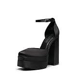 DREAM PAIRS Women’s High Chunky Platform Closed Toe Block Heels Square Toe Ankle Strap Dress Wedding Party Pumps Shoes,Black-Satin Size 8/6 UK