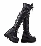 Gothniero Black Platform Boots Over Knee Thigh High Goth Boots for Women Chunky Heel Rave Motorcycle Booties with Buckles Side Zip Lace Booties Size3-8UK