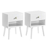 VASAGLE Bedside Tables, Set of 2, Side Table with Storage Drawer and Open Shelf, Solid Wood Legs, End Table for Living Room, for Bedroom, Sofa, Cloud White LET855W01