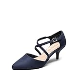 DERAM Pairs Womens Court Shoes Mid Heel Chunky Dress Sandals Pointed Toe Kitten Ladies Ankle Strap Wedding Party Pumps SDPU2437W-E,Size 6,Navy,SDPU2437W-E