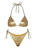 Metallic Bikini Sets For Women - Silver Micro Bikini Sexy Swimwear Halter Neck Triangle Top High Waisted Tie Side Thong Bottom Shiny Swimsuit(Gold,M,1026r)