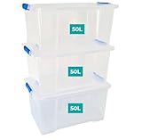 Klass Home Collection 3 x 50 Litre Storage Boxes with Lids Set of 3, Clip-Lock Lid, Sturdy 50L Clear Stackable Plastic Storage Box With Lid Containers For Home, Kitchen, Moving, Garage & Office
