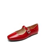 DREAM PAIRS Women's Flats Square Toe Mary Jane Flats Comfortable Casual Slip On Dress Shoes Ballet Flats with Buckle Strap Business Casual Work Office Mary Jane Shoes,Size 5,Red,DWUMFA2520