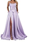 YIANN Satin Lilac Bridesmaid Dresses for Women with Slit Pleated Spaghetti Strap Long Prom Ball Gown UK12