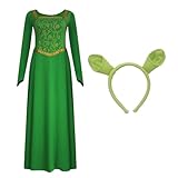 Fiona Costume Women Princess Fiona Dress Adult Long Sleeves Gown Dress with Headband Halloween Cosplay Party Outfit M