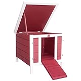 PawHut Wooden Rabbit Hutch Outdoor, Guinea Pig Hutch, Rabbit Hideaway, Cat House, Bunny Cage Small Animal House with Openable Roof, 51 x 42 x 43 cm, Red