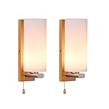 WXKAGF 2 Pack Wood Wall Light Indoor with Pull Nordic Style LED Wall Lamp Bedroom Bedside Lamps Milky White Glass Shade E27 Reading Light 3 Color Mode Uplighter Wall Sconce Living Room