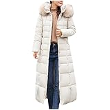 AMDOLE Women's Long Winter Coat Long Sleeve Puffer Quilted Coats Thickened Warm Hooded Padded Jackets Ladies Longline Windproof Outerwear for Winter White M