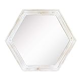 Stonebriar Decorative 24" Hexagon Hanging Wall Mirror with Worn White Painted Wood Frame and Attached Hanging Bracket
