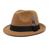 howkuhat Men's Felt Fedora Hat Classic Winter Warm Bowler Hat with Detachable Feather & Band (M 56-58cm) (UK, Alpha, One Size, M, Light Brown)