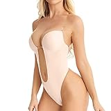 uSecee Women Backless Shapewear Bodysuit Tummy Control Body Shaper U-Plunge Invisible Bra Deep V-Neck Clear Strap Seamless Underwear Waist Trainer for Party Wedding Low Back Dress Beige