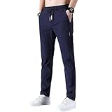 Ice Silk Trousers Men, Slim Fit Polyester Sweatpants with Drawstring Solid Color Casual Work Trousers Stretchy Summer Breathable Tracksuit Bottom Loose Fit Elastic Waist Pants Navy