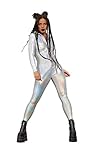 Iridescent Silver Metallic Catsuit Space Girl Disco Astronaut 80s 90s Rave Festival Bodysuit Overall, Size: M