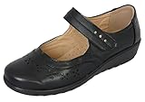 Cushion Walk EEE Wide Fit Womens Ladies Lightweight Black Faux Leather Mary Jane Flats, Casual Work Office School Comfort Shoes (6 UK, Black)