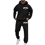 YOSUWOAI Men's Jogging Suit Letter Print Tracksuit Autumn Winter Leisure Suit with Pockets Long Sleeve Hoodie and Sports Trousers Set 2-Piece Fitness Sports Suit Jogging Gym Tracksuit, O Black, L