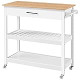 Yaheetech Rolling Kitchen Island Cart, Utility Storage Trolley on Wheels with Bamboo Worktop, Detachable Towel Rack and Drawer for Kitchen/Dining Room, White