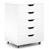 SFAREST Mobile File Cabinet, Lateral Stationery Vertical Rolling Filing Cabinet with Lockable Wheels, Wooden Under Desk Storage Cabinets for Home Office (White, 5 Drawers)