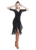 Z&X Women's Ballroom Dance Costume V Neck Pleated Long Fringed Tango Salsa Latin Dance Dress with Shorts (Tag XL, Black)