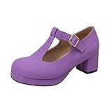 ??on Fist Shoes Color Leather T Shaped Buckle Round Toe Thick High Heeled Single Shoes ?lingback Heels (Purple, 4.5)