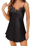 Lovasy Satin Nightdress for Women UK Lace Trim V-Neck Silk Nighties for Women Sexy Strap Chemise Negligees Soft Ladies Night Dress Nighty Full Slips Nightwear Size 6-24,Black,M