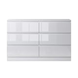 FWStyle White Gloss 6 Drawer Chest. Modern Bedroom Furniture Chest of Drawers. Matt White with White Gloss Drawer Fronts. W110 x H77 x D40cm