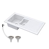 Balterley Ceramic Kitchen Sink with Drainer, Waste, & Overflow, 101cm Inset Counter Top, 1.5 Bowl Fireclay White Sink with Waste and Drainer, Reversible Easy to Clean Sinks with Internal Bowl (White)