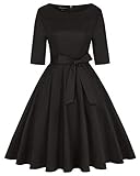 MINTLIMIT 1950's Bowknot Vintage Retro Plain Rockabilly Swing Dress with Pockets(Solid Black,Size S)