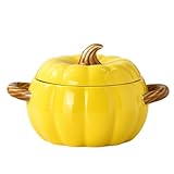 Stock Pot with Lid, 1.9L Ceramic Pumpkin Casserole Dish with Lid, Large Soup Bowl with Dual Handles, Dishwasher & Microwave Safe, Pumpkin Soup Pot for Halloween Christmas Thanksgiving (Yellow)