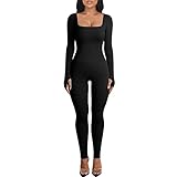 Litthing Women Yoga Jumpsuits Ribbed Knit Long Sleeve Square Neck Bodycon Jumpsuit Ladies Workout Outfits One-Piece Sports Suit Sportswear (M, A-Black)