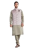 Men's Indian Royal Ethnic Wedding Engagement Wear Casual Party Kurta Pyjama With Nehru Jacket, Light Olive Green & Multicolor, 40