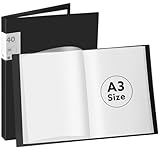 A3 Display Book Folder, 40 Pocket Presentation Portfolio Folder with Clear Plastic Sleeve for Painting Artwork Portfolio (Black)