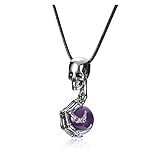 Jovivi Gothic Skull Amethyst Crystal Healing Stone Necklace Women Men Skeleton Hand Hold Purple Gemstone Ball Pendant Necklace Rope Jewellery Gifts For Him Her Christmas Halloween
