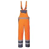 Portwest S488 Men's Hi Vis Bib and Brace Work Overalls Breathable Contrast Rain Dungarees - Waterproof Windproof Reflective Tape Adjustable Fit Multi Utility Pockets, Orange/Navy, XXL