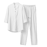 Duohropke Men's Linen 2 Piece Set Solid Color Short Sleeve Stand Collar Linen Pants Shirt Beach Pants, White, L