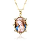 Niaspi Boho Virgin Mary Pendant Necklace for Women Gold Plated Cubic Zirconia Bezel Huggie Oval Pendant Necklaces Catholicb Madonna Mothers Day Birthday Faith Statement Jewelry Gifts