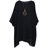 George Hilton New Italian Tops Ladies Italian Quirky Cotton Top Women Lagenlook Plain Summer Top with Necklace Tunic Dress Casual Wear One Size 16-26 UK (Black), One Size-XL Plus