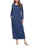 Leversic Long Nightdress for Women Round Neck Pleated Cotton Nighties Long Sleeve Ankle Length Long Nightgown Soft Sleep Dress(Dark Blue,M)