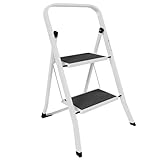 Home Vida 2 Step Ladder - Heavy Duty Steel Folding Ladder with Slip-Resistant and Wide Steps, Folding Mechanism, 150kg Max Load, Home/Kitchen/DIY/Garden Use, White