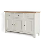RoselandFurniture Farrow Cream Sideboard for Living Room Large Storage Cabinet with Oak Top | Fully Assembled Painted 3 Door Solid Wooden Cupboard with 3 Drawers for Hallway or Dining Room