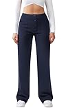 Friptspyg Women's High Waist Wide Leg Trousers Button Straight Leg Trousers Casual Work Trousers Stretch Yoga Trousers with Pockets, Navy Blue M
