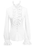 YILEEGOO Women Vintage Victorian Button Down Shirts Stand Collar Frilly Ruffle Gothic Blouses Retro Flared Sleeve Tops (White, XL)