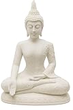 White Resin Buddha Statue 20cm – Meditating Figurine with Intricate Floral Detailing – Bhumisparsha Mudra – Peaceful Spiritual Home Décor for Living Room, Meditation Space or Yoga Studio JR1365