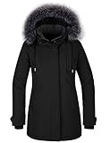CHIN·MOON Women's Warm Puffer Jacket Waterproof Winter Coat Windproof Down Jacket with Hood Outdoor Parka Jacket Mid Length Thicken Overcoat with Faux Fur Hooded Black L