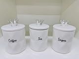 White Crown-Lid Ceramic Coffee, Tea & Sugar Canister Set – Marble Effect Storage Jars with Silver Crown Lids | 15x10cm Stylish Kitchen Canisters for Modern & Traditional Homes | Set of 3