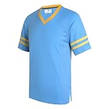 dolessismore Plain Men's Football Jerseys for Unisex V-Neck Fitness T-Shirts Workout Outfits Casual Party Tops, Yellow Stripe-light Blue Jersey, Large