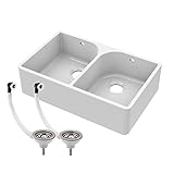 Balterley 795mm Belfast Kitchen Sink White Double Bowl with Full Weir and 2 Wastes with Overflow, Durable Durable Fireclay Belfast Ceramic Kitchen Sink Bowl - 795 x 500 x 220mm (White)